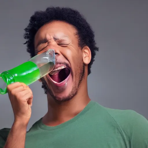 Image similar to stock photo of a man laughing at a green bottle