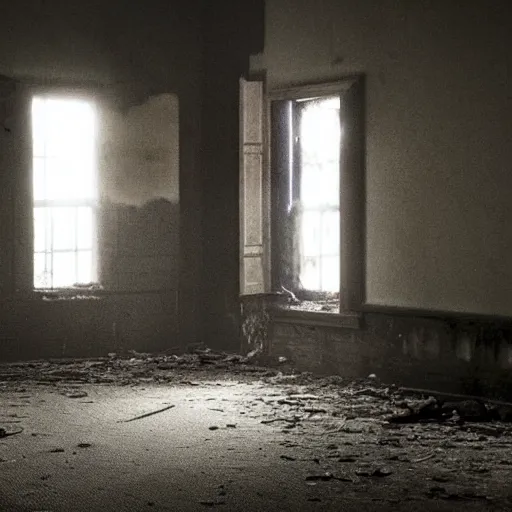Image similar to two shadows talking to each other in a dark abandoned room, eerie, creepy,