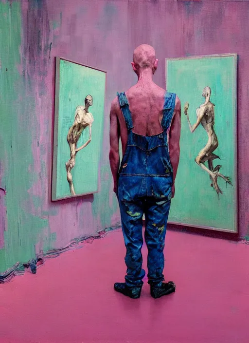 Image similar to an insane, skinny, artist wearing dirty, torn overalls, expressive painting the walls inside a grand messy studio, depth of field, hauntingly surreal, highly detailed oil painting, by francis bacon, edward hopper, adrian ghenie, glenn brown, soft light 4 k in pink, green and blue colour palette, cinematic composition, masterpiece