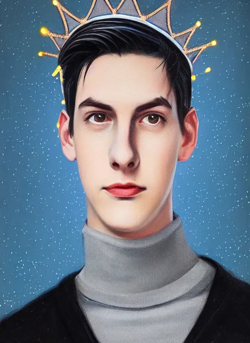 Image similar to portrait of teenage jughead jones wearing a light grey crown, crown, blue turtleneck, 1 9 5 0 s, closed eyes, photorealistic, black hair, glowing lighting, intricate, elegant, glowing lights, highly detailed, digital painting, artstation, concept art, smooth, sharp focus, illustration, art by wlop, mars ravelo and greg rutkowski