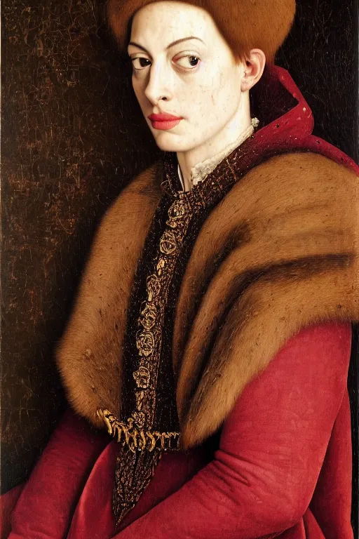 Prompt: stunning portrait of anne hathaway, oil painting by jan van eyck, northern renaissance style, oil on canvas, wet - on - wet technique, realistic, expressive emotions, detailed textures, illusionistic detail