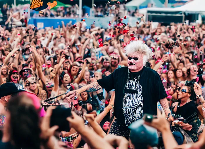 Prompt: photo still of rip taylor at vans warped tour!!!!!!!! at age 6 3 years old 6 3 years of age!!!!!!! on stage throwing confetti at a crowd, 8 k, 8 5 mm f 1. 8, studio lighting, rim light, right side key light