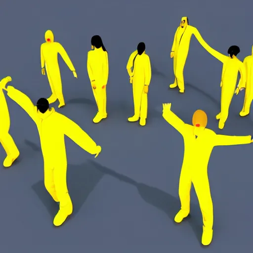 Prompt: futuristic world with people wearing yellow jump suits, 8 k resolution, cinematic lighting, anatomically correct