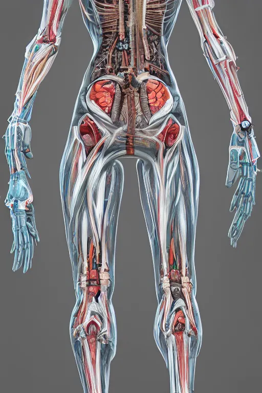 Image similar to symmetry!! full body female human anatomy concept, medical anatomy, cybernetic implants, tire rubber, mecha limbs, muscular system reference, anatomical art, digital art, in the style of amanda lilleston, luka mivsek, bryan christie, ranjit ghosh, artstation, pinterest, deviantart, photoshop, octane render, unreal engine