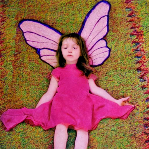 Prompt: Little girl faerie lays on the living room rug, Kodachrome, 35mm photo, flashbulb