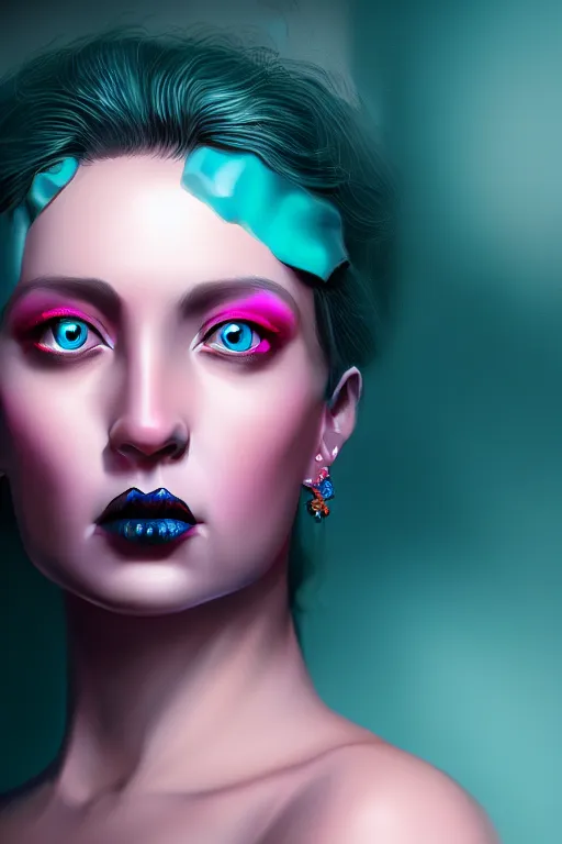 Image similar to hyperrealistic very detailed rococo profile of woman with pink eyes and jewel mouth matte painting concept art very dramatic dark teal lighting wide angle 35mm shallow depth of field 8k