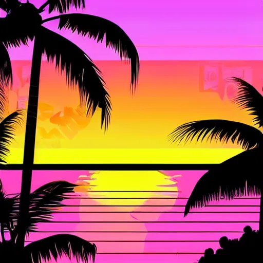 Image similar to gorgeous romantic sunset, cliffside onlooking the beautiful city of miami, warm colors, tropical, in the style of hiroshi nagai, very detailed, tropical, 8 0 s