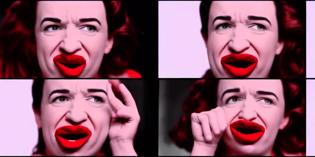 Image similar to old distorted camcorder video of miranda sings as president of the untied states, multiple poses, video still from miranda sings youtube videos