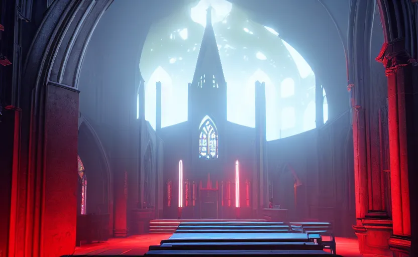 Image similar to symmetrical, ancient church of worship with red shafts of light in destiny 2, foggy, liminal, dark, dystopian, beautiful architecture, abandoned, highly detailed 4 k 6 0 fps destiny 2 expansion promotional poster, reveal image gameinformer