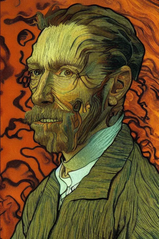 Image similar to realistic detailed portrait of van goh by denis villeneuve, amano, yves tanguy, alphonse mucha, ernst haeckel, max ernst, roger dean, ridley scott, dynamic closeup