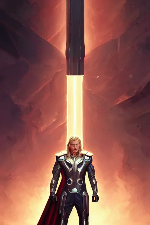 Image similar to elon musk as thor, realistic portrait, symmetrical, highly detailed, digital painting, artstation, concept art, smooth, sharp focus, illustration, cinematic lighting, art by artgerm and greg rutkowski and alphonse mucha