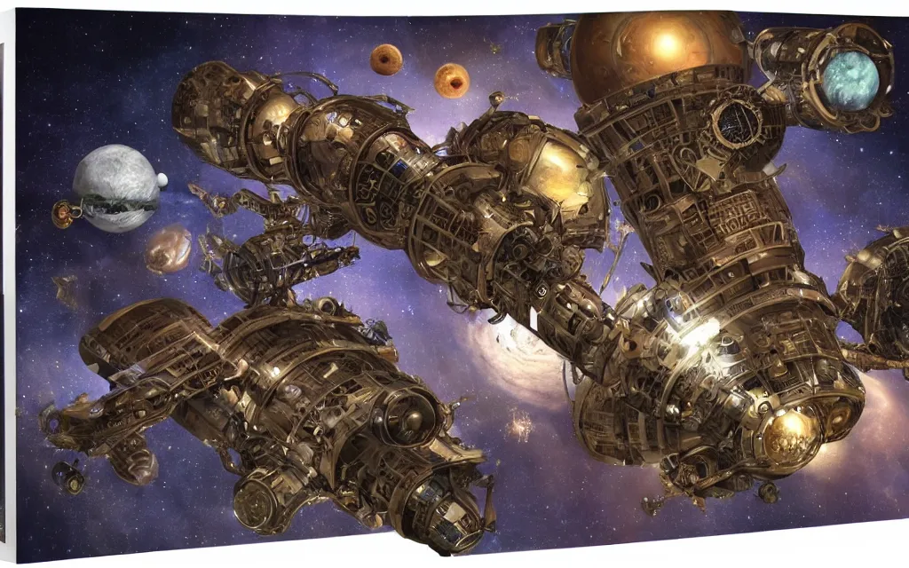 Image similar to steampunk space station in a beautiful galaxy
