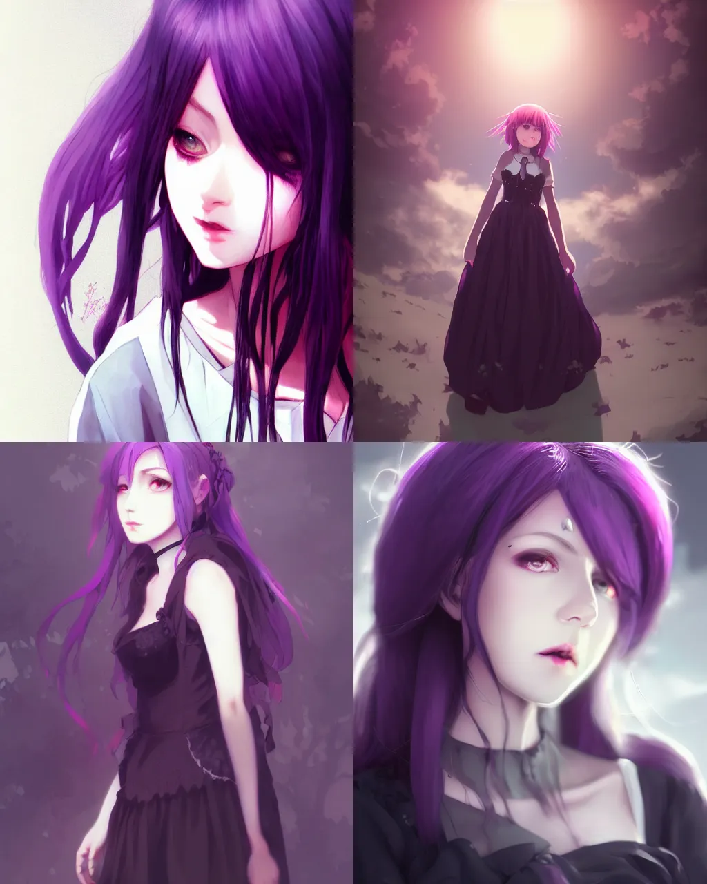 Prompt: girl with purple hair and black gothic skirt, a beautiful portrait, illustration, rim light, top light, perfectly shaded, art by hidari and makoto shinkai and wenjun lin