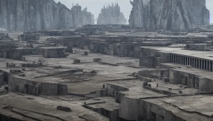 Image similar to big brutalist imperial military base on cliffs, drawing architecture, very long shot, top angle, imperial architecture in rogue one, pritzker architecture prize, brutalism architecture, jan urschel, roger deakins