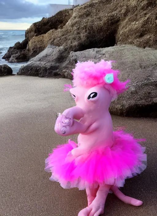 Image similar to chthulhu in a pink tutu on a beach