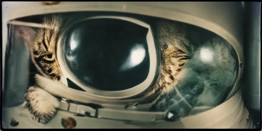 Prompt: detailed medium format photo, polaroid still from tarkovsky movie, cat in a spacesuit, haze, high production value, intricate details, 8 k resolution, hyperrealistic, hdr, photorealistic, high definition, tehnicolor, award - winning photography, masterpiece, amazing colors