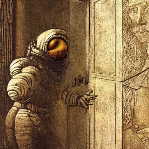 Image similar to photo - realism, space astronaut opening door that shows space and time created by leonardo davinci with extra detail, epic, spiral, perfection, zero.