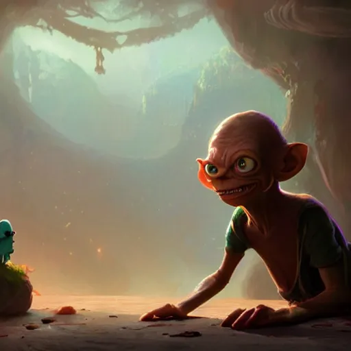 Image similar to a wholesome animation key shot of gollum, colorful, pixar and disney animation, sharp, very detailed, high resolution, key art by greg rutkowski, bloom, dramatic lighting