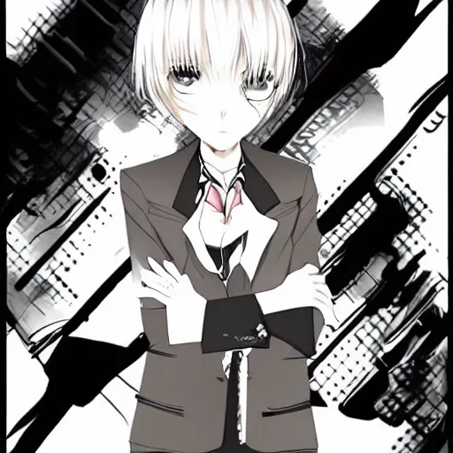 Image similar to Character design of an anime girl with short white hair and black eyes wearing three piece suit in the style of Yoshitaka Amano, abstract black and white background with lines, film grain effect, highly detailed, soft gradients