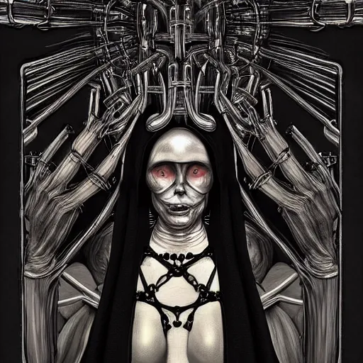 Prompt: beautiful painting of the acid witch nun surrounded by bells in the style of Welder Wings and H. R. Giger. Dark background, detailed, trending on Artstation