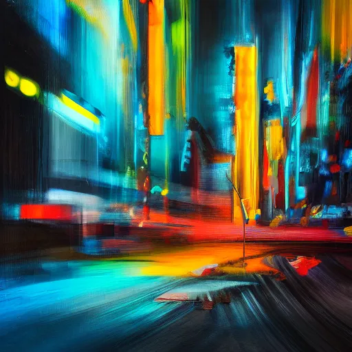 Image similar to abstract oil painting of a long exposure of a busy neon street