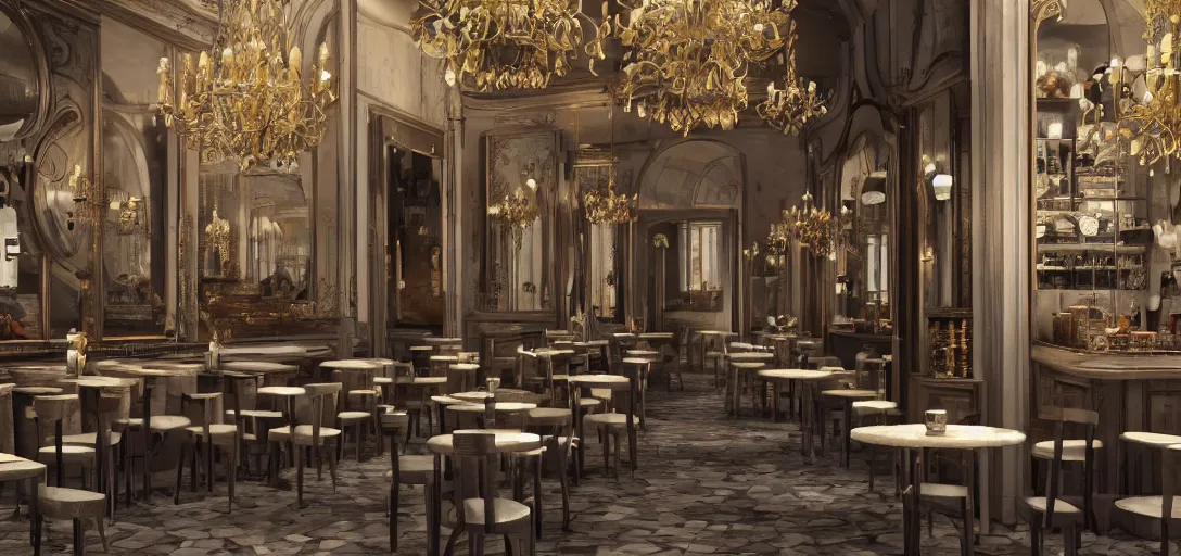 Image similar to a photorealistic render of a parisian cafe at lunch time but all the chairs look like the iron throne, iron throne from game of thrones, fancy french waiters, ultra detailed face, 8 k, artstation, volumetric lighting, smooth, highly detailed, octane render, by andres rocha and albert bierstadt and greg rutkowski