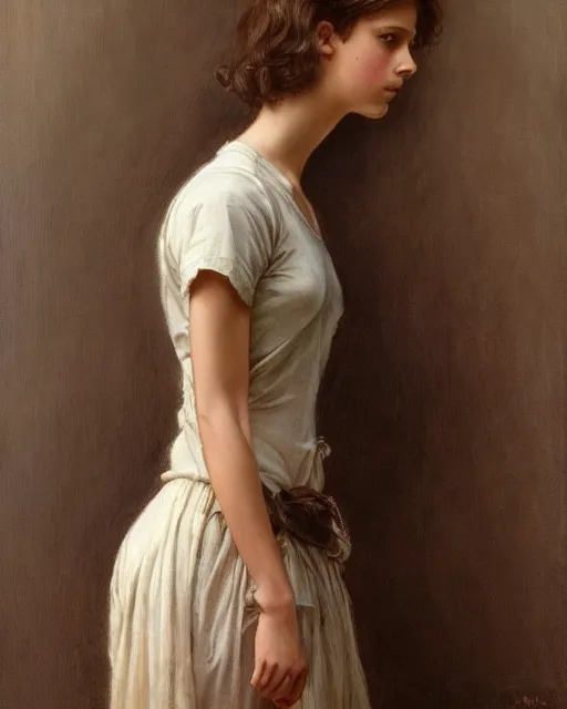 Image similar to a realistic oil painting of a girl resembling alicia vikander or millie bobby brown in an oversize t - shirt, highly detailed, intricate, artstation, by donato giancola and william adolphe bouguereau