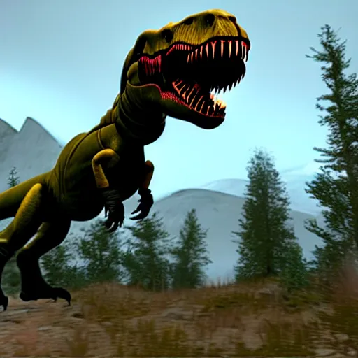 Image similar to a guard riding a t-rex in Half-Life 2