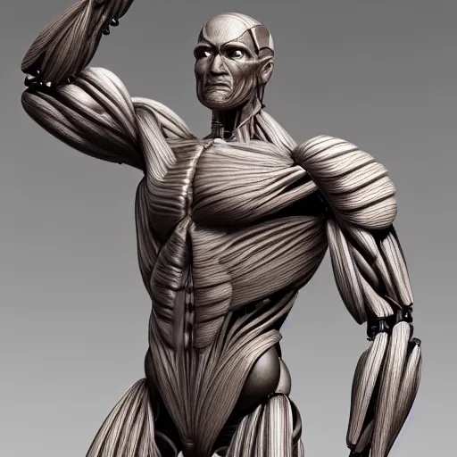 Prompt: a muscular humanoid cyborg consisting of human parts and robot parts, 8 k, highly detailed, realistic, refined, bautiful, fine art photography, hyper realistic, photo realistic, elegant, sharp focus, majestic, award winning picture, intricate, artstation