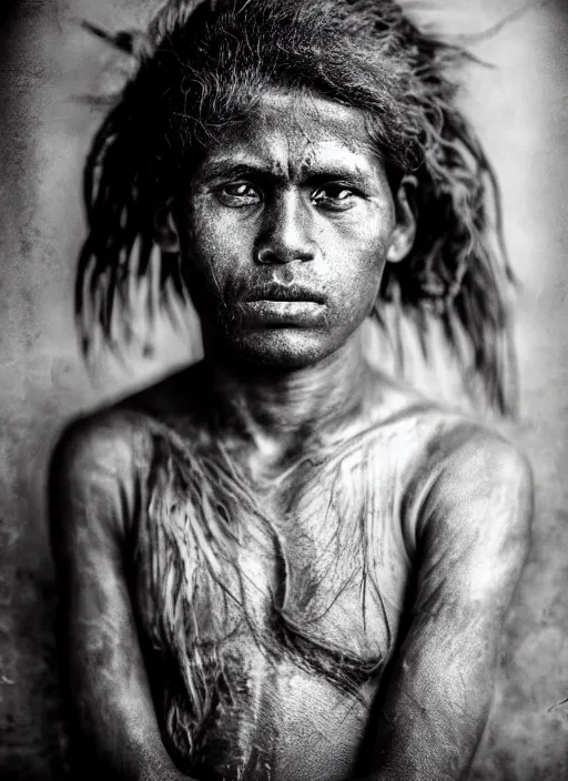 Image similar to Award winning Editorial photo of a Native Nauruans with incredible hair and beautiful hyper-detailed eyes wearing traditional garb by Lee Jeffries, 85mm ND 5, perfect lighting, gelatin silver process