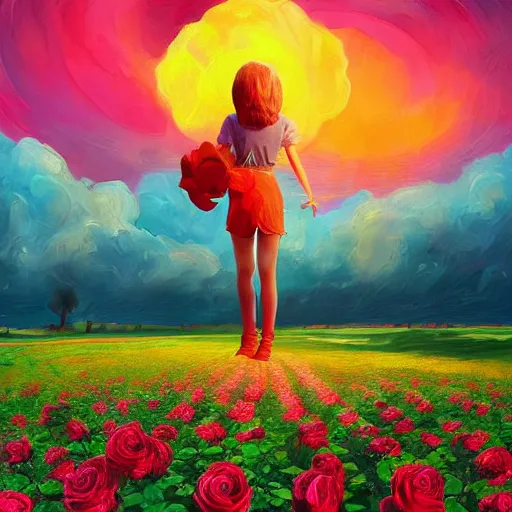 Prompt: giant rose as a head, girl walking in a flower field, surreal photography, sunrise dramatic light, impressionist painting, colorful clouds, digital painting, artstation, simon stalenhag