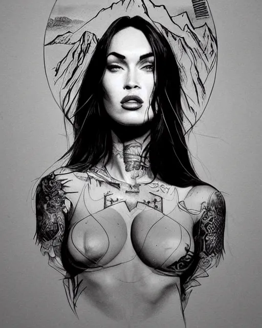 Prompt: megan fox face mash up with beautiful mountains, in the style of dan mountford, tattoo sketch, double exposure, hyper realistic, amazing detail, black and white