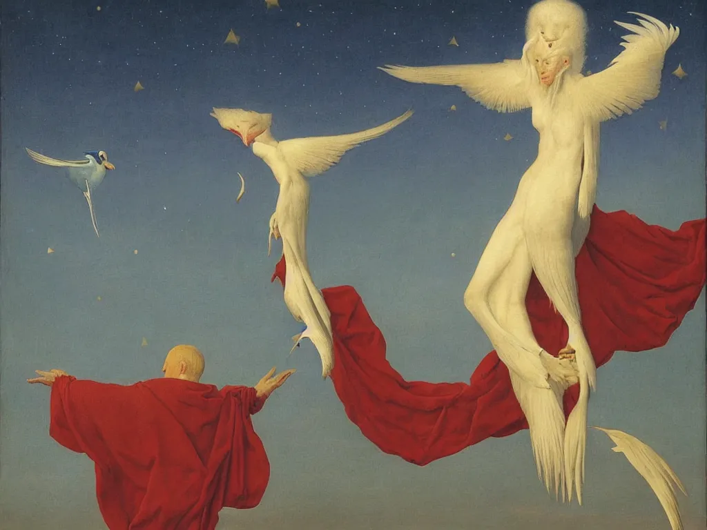 Image similar to albino mystic, with his back turned, looking in the distance at the night sky with stars over the ocean with beautiful exotic bird. Painting by Jan van Eyck, Audubon, Rene Magritte, Agnes Pelton, Max Ernst, Walton Ford