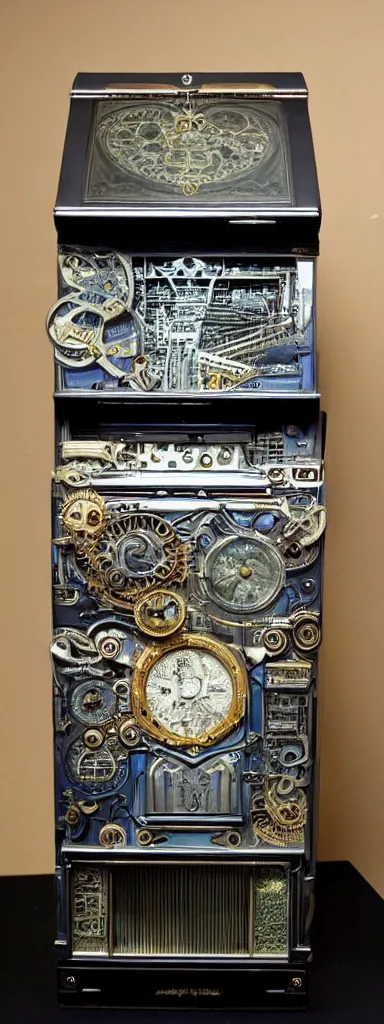 Image similar to An intricate, highly detailed and technologically advanced steampunk computer painted by Rene Magritte and Salvador Dali