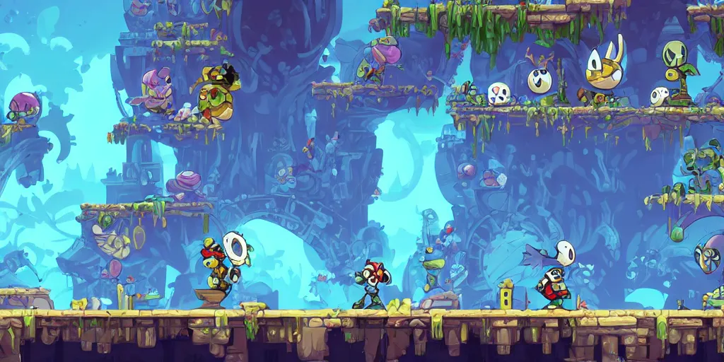 Image similar to Scenario without characters, empty scenario, art by Tomba, ori and the blind, Dead cells ,Hollow knight ,wonder boy , Megaman, Blasphemous , Portraiting a platform game showing an old industry, subject in the center, subject on the center screen, inside iron and machines, side scrolling, Rule of Thirds, 4K, Retrofuturism, Studio Ghibli, Simon Stålenhag