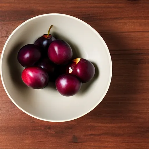 Image similar to a thick porcelain bowl filled with six large moist freshly picked plums on a wooden table. volumetric lighting. 4 k. small scale.