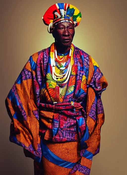 Prompt: analogue photo of an african chief wearing a colourful Japanese Kimono in ankara print, african facial features, full body shot, rembrandt lighting 35mm, f/1.4, photographed by Martha Cooper,