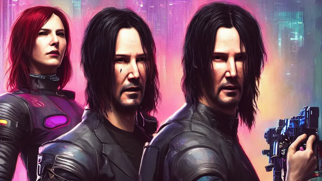 Prompt: a cyberpunk 2077 srcreenshot couple portrait of a Keanu Reeves and a female android final kiss,love,film lighting,by Laurie Greasley,Lawrence Alma-Tadema,Andrei Riabovitchev,Dan Mumford,John Wick,Speed,Replicas,artstation,deviantart,FAN ART,full of color,Digital painting,face enhance,highly detailed,8K,octane,golden ratio,cinematic lighting