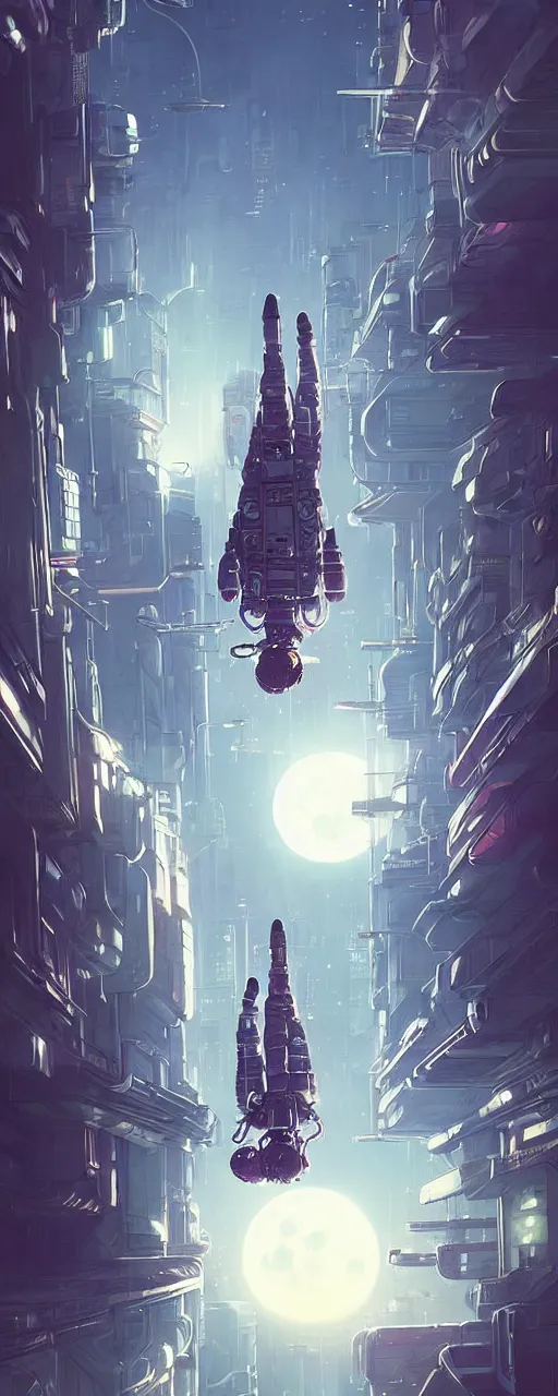 Image similar to A picture of an astronaut floating upside down in a cyberpunk surreal city with a full moon by Jordan Grimmer, Jean Giraud and Neil Blevins trending on artstation