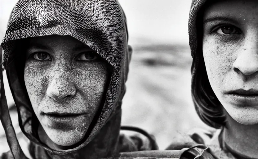 Image similar to cinestill 5 0 d photographic portrait by helen levitt of a white and mixed female android couple wearing rugged black mesh techwear on a desolate plain of america, extreme closeup, modern cyberpunk, dust storm, 8 k, hd, high resolution, 3 5 mm, f / 3 2, ultra realistic faces, intricate detail, ex machina