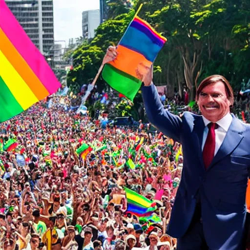 Image similar to photograph of president jair bolsonaro waving a rainbow flag at a pride parade