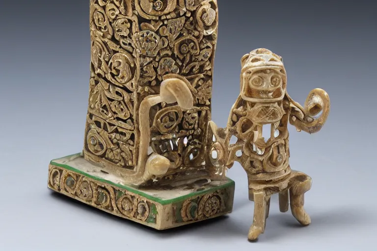 Prompt: ornate small idol made of bone with intricate carvings, jade inlay. museum catalog photograph