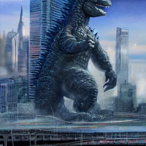 Image similar to a hyper-realistic studio oil-painting of a giant Godzilla destroying new-york; hyper-detailed; an extraordinary masterpiece!!!; flawless; trending on artstation