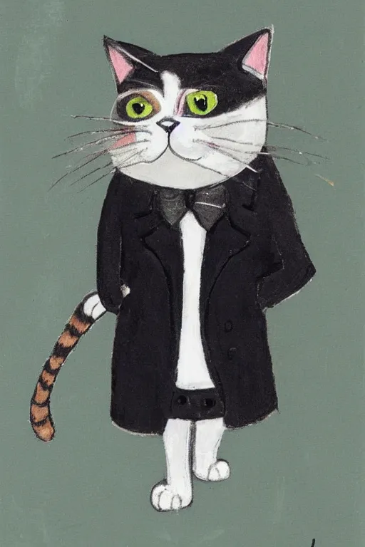 Prompt: a cat wearing a formal overcoat lisa keene