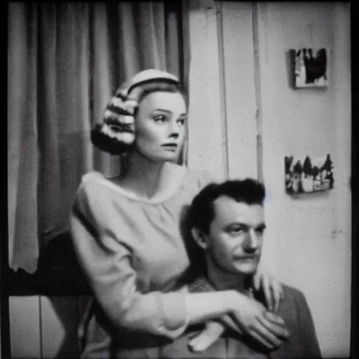 Prompt: grainy film, a couple in love, atomic age