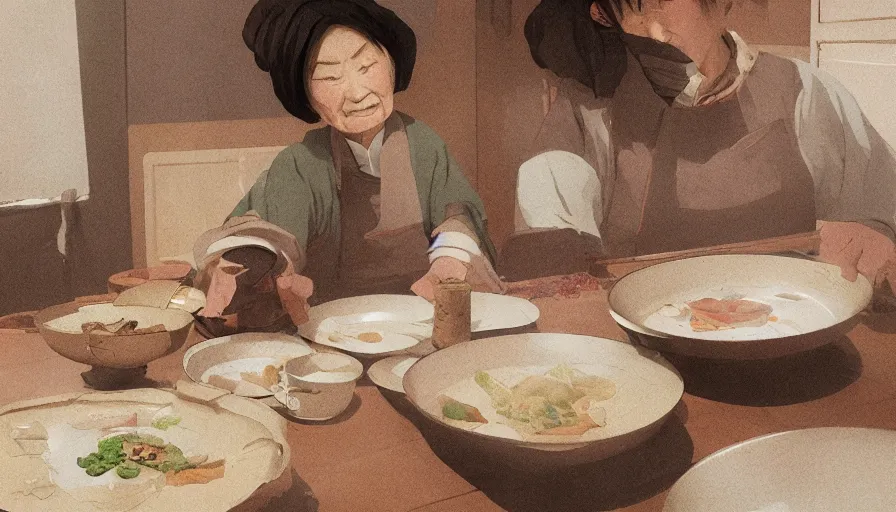 Image similar to old japanese lady cooking, old 1 9 0 0's kitchen, pan and plates, hyperdetailed, artstation, cgsociety, 8 k