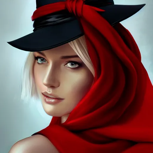 Image similar to beautiful woman in a black dress, full length photo, wearing a white hat and a red scarf, head bowed slightly, looking mischievously and mysteriously at the camera, wavy blond hair, knees upturned, very beautiful woman, 4k highly detailed, digital painting, artstation, concept art, matte, sharp focus, illustration, art by Artgerm and Greg Rutkowski and Alphonse Mucha