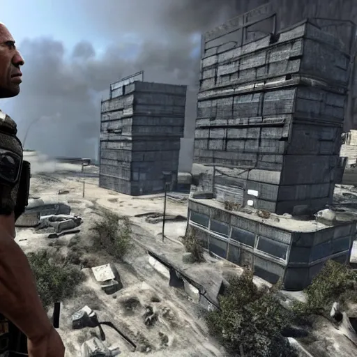 Image similar to dwayne the rock johnson, dwayne the rock johnson in the call of duty map highrise, modern warfare 2 highrise, screenshot