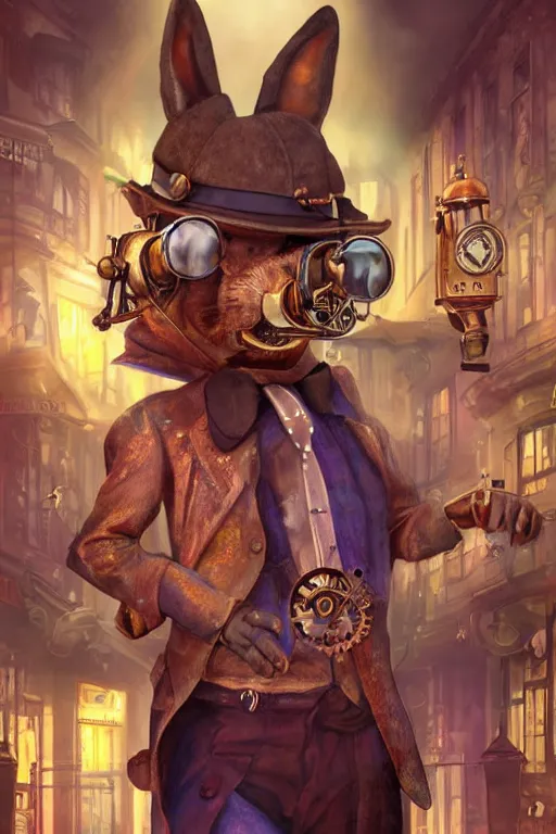 Prompt: ultra realist soft painting of a single steampunk humanoid rabbit detective, crime scene, very intricate details, volumetric rainbow lighting, reflections, refractions, symmetry accurate anatomy features, fantasy background, unreal render