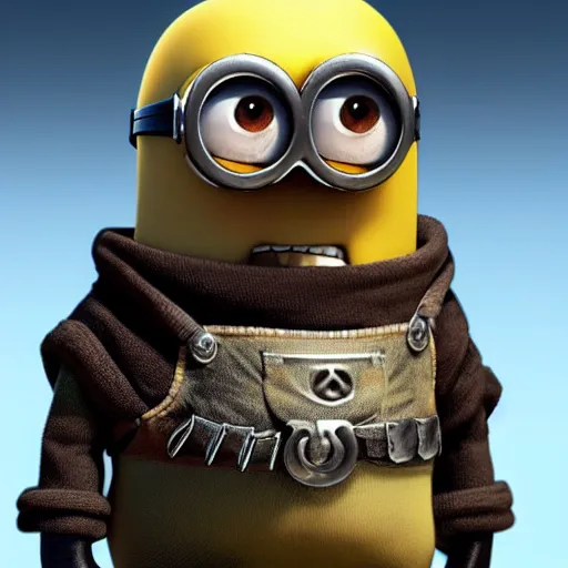Prompt: realistic character concept art of a minion in the next mad max movie, intense lighting, eye patch